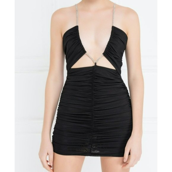 KikiRiki Mesh Ruched Rhinestone V-Neck Cutout Mini Dress Black Size Small NWT - Picture 1 of 3